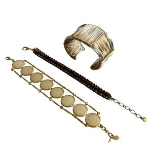 Gold & Silver Bracelet Lot 3 Pieces Cuff Medallion Beaded Wrap